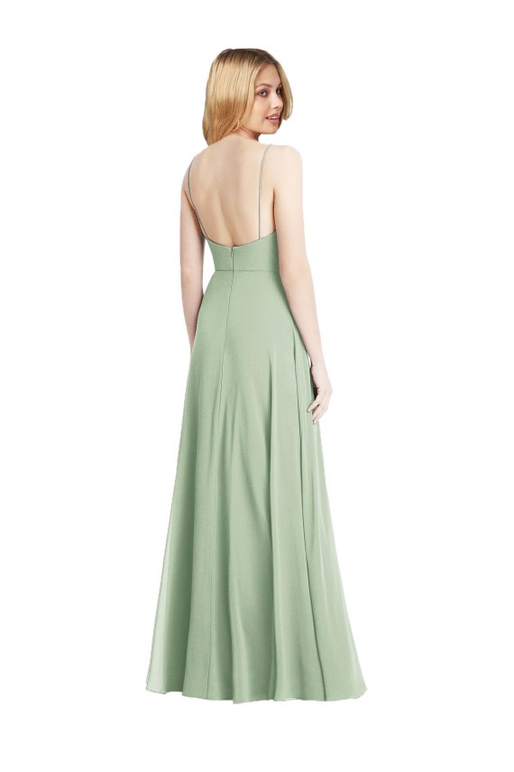 Outlet Vert Sauge Trompette Bretelles spaghetti Col Carré Mousseline Longue Formelles Robes demoiselle d'honneur / Robes de soirée