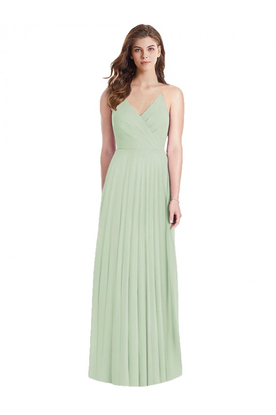 Outlet Vert Sauge Trompette Bretelles spaghetti Col V Mousseline Longue Robes demoiselle d'honneur