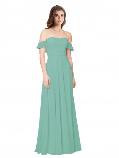 Outlet Vert de jade Trapèze Épaule Dénudée Mousseline Longue Robes demoiselle d'honneur