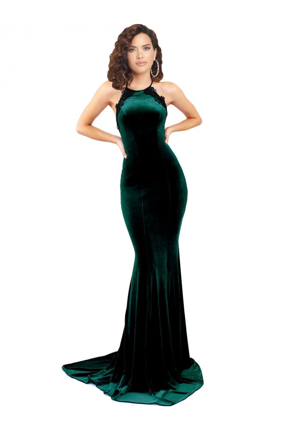 Outlet Vert foncé Sirène Col Haut Balayage train Velours Stretch Longue Formelles Robes demoiselle d'honneur / Robes de soirée / Robes de bal