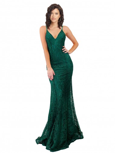 Outlet Vert foncé Sirène Col V Dentelle Longue Robes demoiselle d'honneur / Robes de bal
