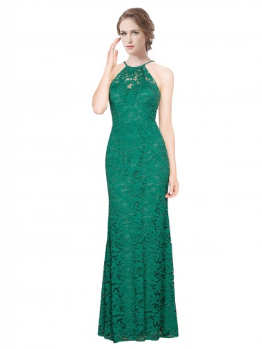 Outlet Vert foncé Sirène Licou Col Haut Dentelle Longue Robes demoiselle d'honneur / Robes de bal