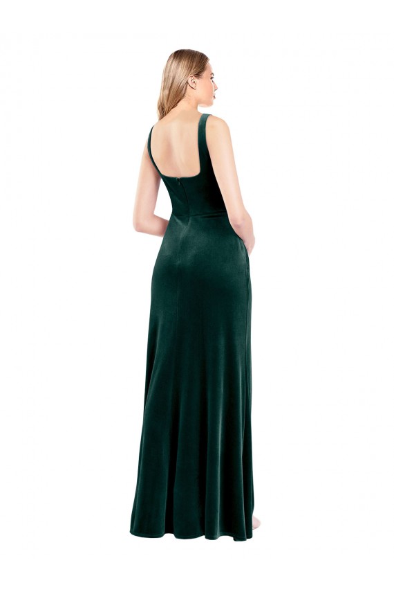 Outlet Vert foncé Trapèze Col Carré Velours Stretch Longue Robes demoiselle d'honneur / Robes de bal