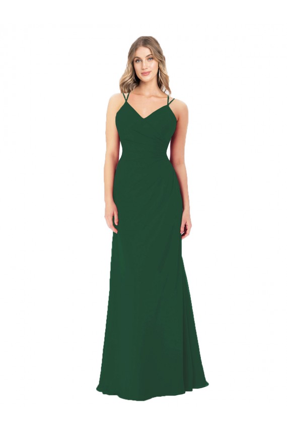 Outlet Vert foncé Trapèze Col V Mousseline Longue Robes demoiselle d'honneur