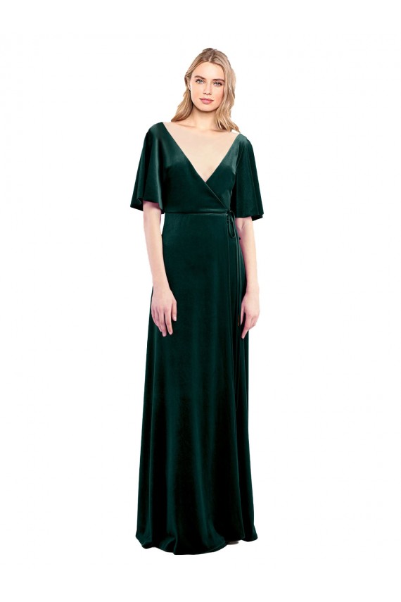 Outlet Vert foncé Trapèze Col V Velours Stretch Longue Robes demoiselle d'honneur / Robes de bal