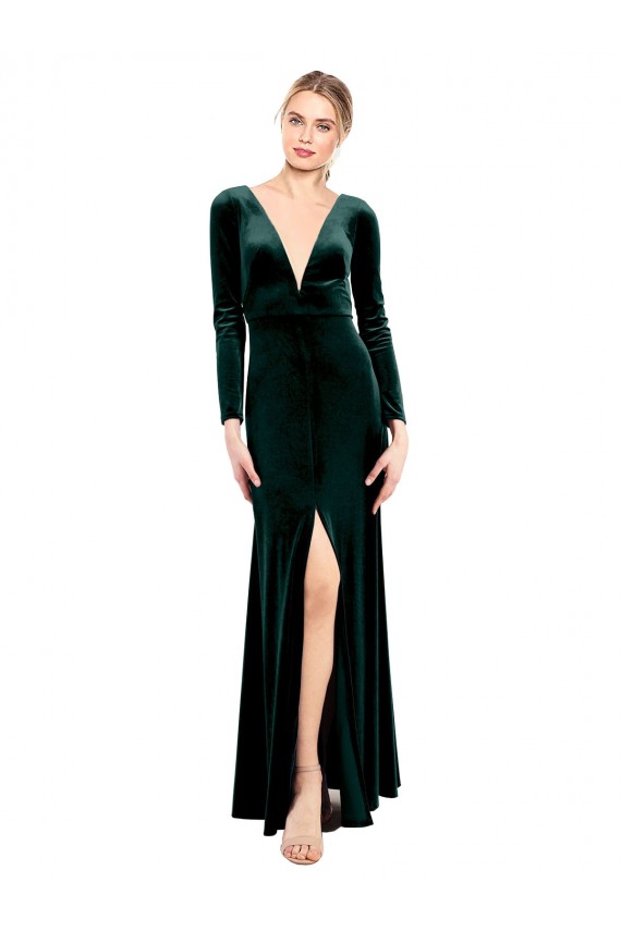 Outlet Vert foncé Trapèze Col V Velours Stretch Longue Robes demoiselle d'honneur / Robes de bal
