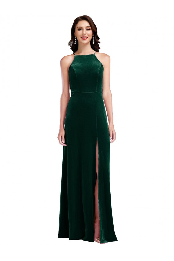Outlet Vert foncé Trapèze Licou Col Haut Velours Stretch Longue Robes demoiselle d'honneur / Robes de bal