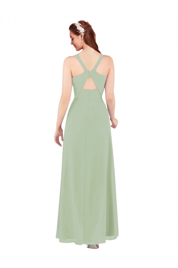 Outlet Vert fumée Fourreau Col V Mousseline Longue Robes demoiselle d'honneur