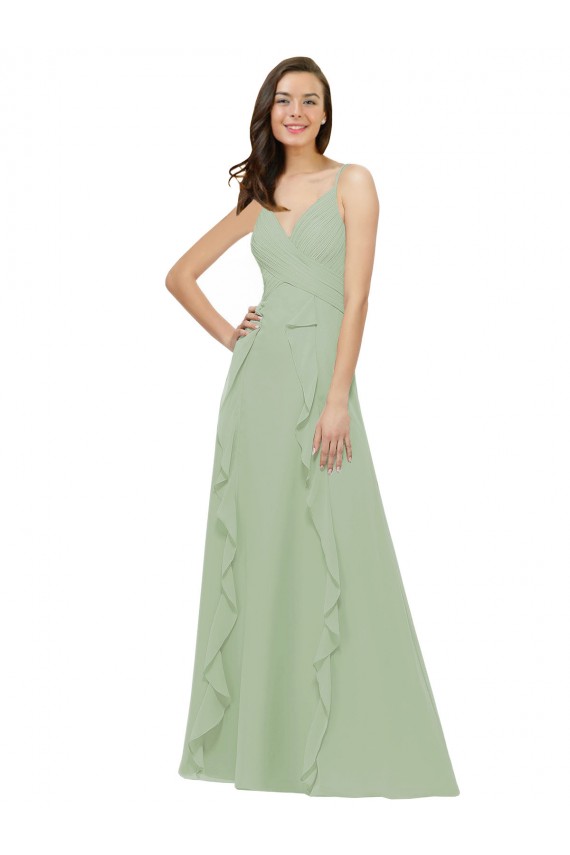 Outlet Vert fumée Trapèze Bretelles spaghetti Col V Mousseline Longue Robes demoiselle d'honneur