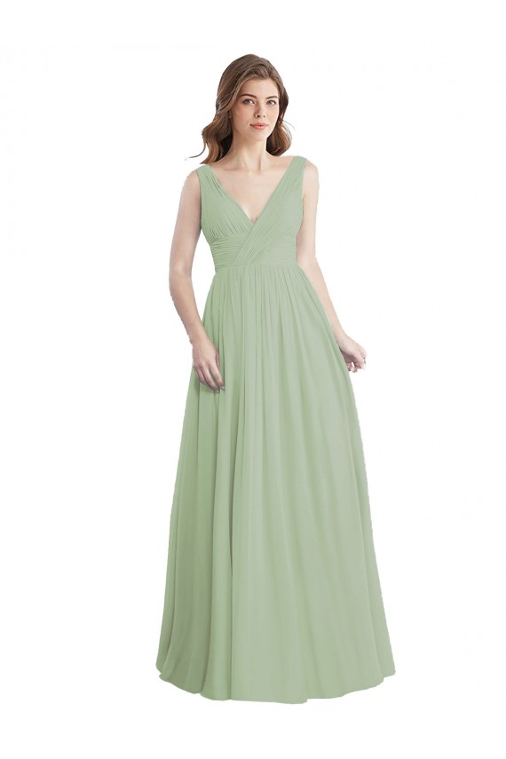 Outlet Vert fumée Trapèze Col V Mousseline Longue Robes demoiselle d'honneur