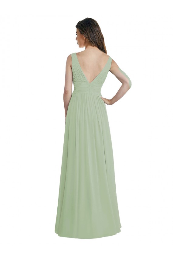 Outlet Vert fumée Trapèze Col V Mousseline Longue Robes demoiselle d'honneur