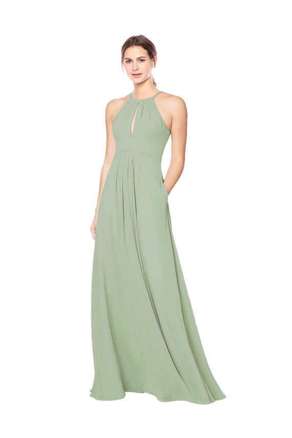 Outlet Vert fumée Trapèze Licou Mousseline Longue Robes demoiselle d'honneur