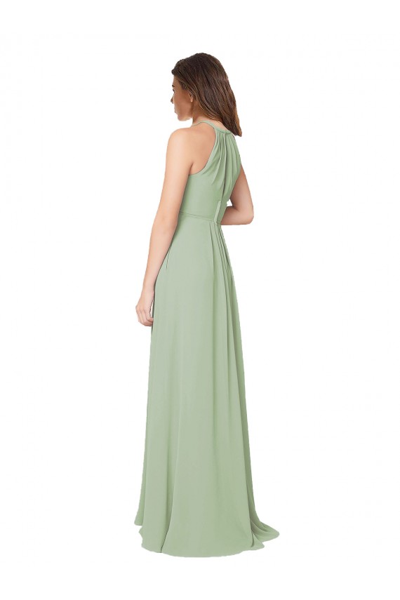 Outlet Vert fumée Trapèze Licou Mousseline Longue Robes demoiselle d'honneur