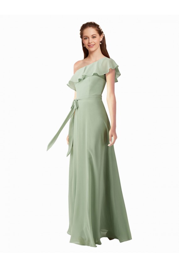Outlet Vert fumée Trapèze Mousseline Longue Robes demoiselle d'honneur
