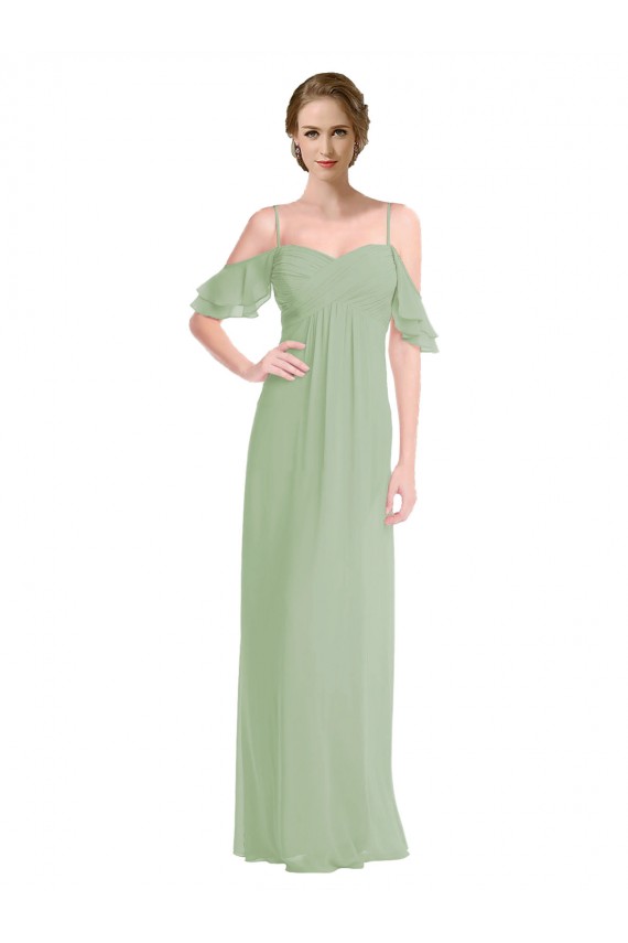 Outlet Vert fumée Trapèze Épaule Dénudée Bretelles spaghetti Mousseline Longue Robes demoiselle d'honneur