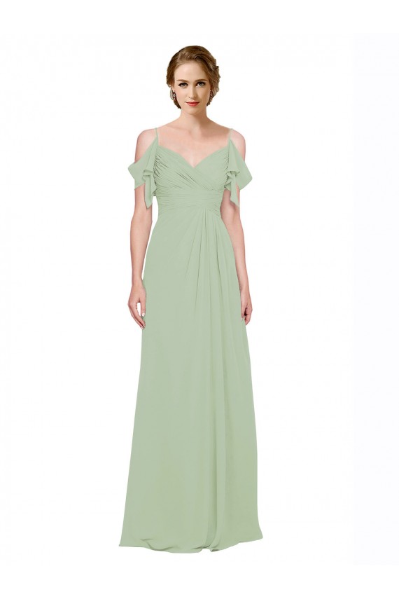 Outlet Vert fumée Trapèze Épaule Dénudée Bretelles spaghetti Mousseline Longue Robes demoiselle d'honneur