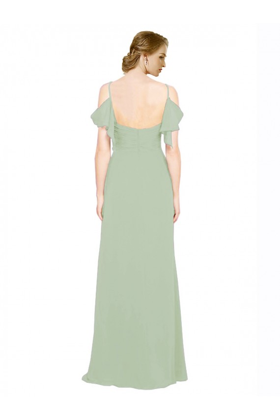 Outlet Vert fumée Trapèze Épaule Dénudée Bretelles spaghetti Mousseline Longue Robes demoiselle d'honneur