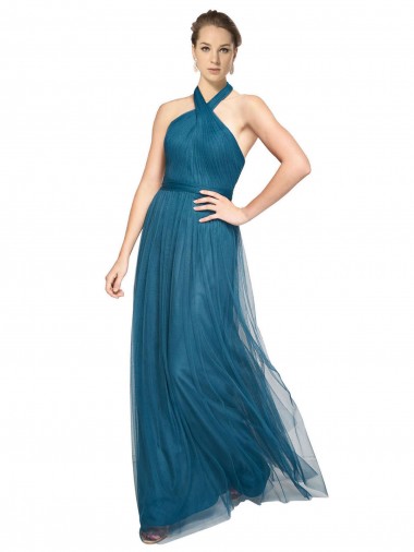 Outlet Vert sarcelle Trapèze Licou Col Haut Tulle Longue Robes demoiselle d'honneur