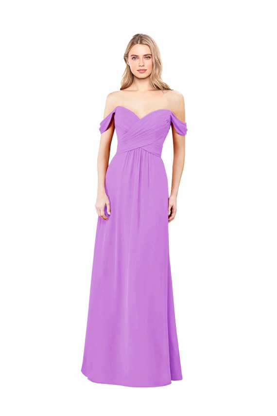 Outlet Violet Trapèze Épaule Dénudée Mousseline Longue Robes demoiselle d'honneur